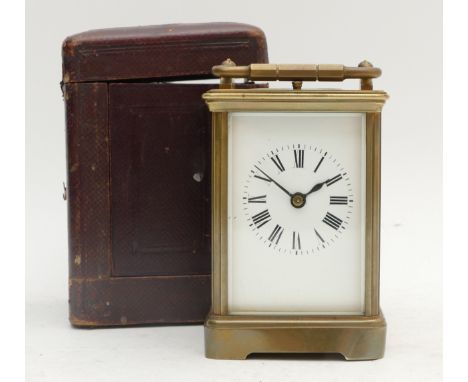 S.J. RetyPoller, a French 19th century brass repeating and striking carriage clock, white enamel dial, the movement striking 