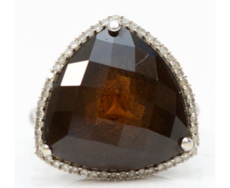 A 14K white gold diamond and smokey quartz cocktail ring, 15mm quartz, N 1/2, 8.8g