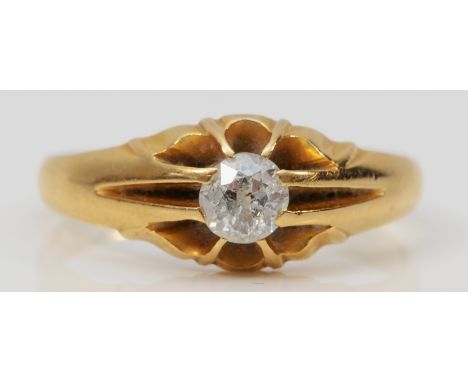 An Edwardian 18ct gold and single stone diamond ring, Birmingham 1908, claw set with an old cut stone, M, 3.2gm