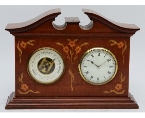 An Edwardian mahogany and boxwood inlaid mantel clock with aneroid barometer, inset with stained floral motifs, 24.5 x 33cm.c
