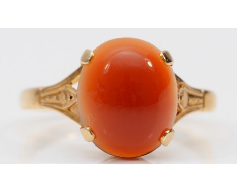 A 9ct gold cabochon cut carnelian dress ring, maker A+C, 3gIn very good condition, size P 1/2