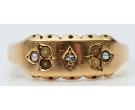 A Victorian 15ct gold diamond and seed pearl trefoil ring, Birmingham 1885, O, 2g