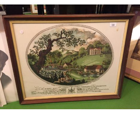 A FRAMED VINTAGE PRINT ON LINEN DEPICTING THE METHODS OF WET AND DRY BLEACHING OUTSIDE A BLEACHING MILL 