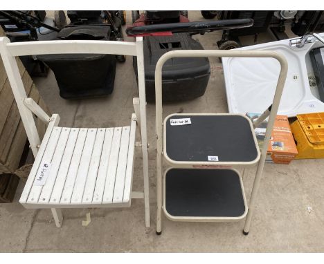 A 2 RUNG STEP LADDER AND A WOODEN FOLDING CHAIR 