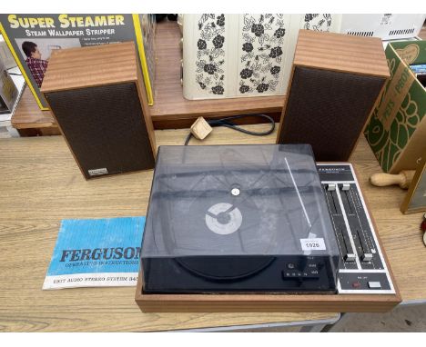 A FERGUSON UNIT AUDIO RECORD PLAYER WITH A PAIR OF MATCHING SPEAKERS TO INCLUDE AN OPERATING MANUAL AND COMPLETE WITH STYLUS 