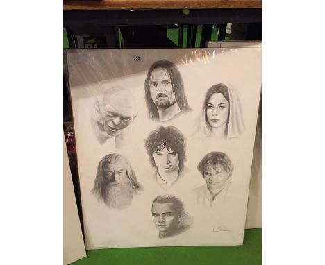 A BLACK AND WHITE SKETCH STYLE PICTURE DEPICTING THE LORD OF THE RINGS 