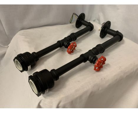 A PAIR OF WALL LIGHT FITTINGS IN THE FORM OF A STEAM PIPE WITH TAP 