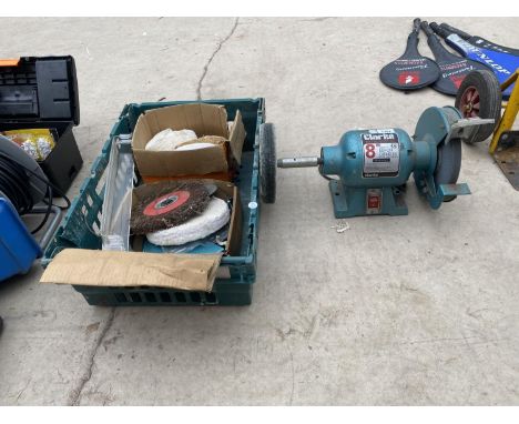 A CLARKE METALWORKER BENCH GRINDER TO ALSO INCLUDE POLISHING WHEELS AND WIRE BRUSHES ETC 