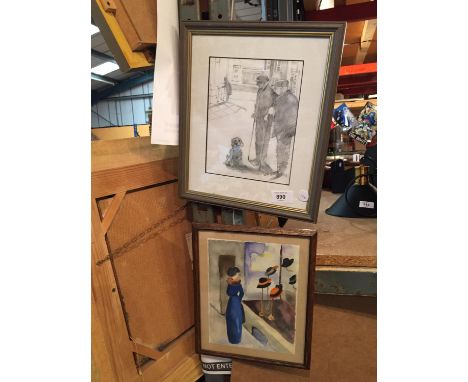 TWO FRAMED PICTURES, ONE PENICL SKETCH AND THE OTHER A WATERCOLOUR 