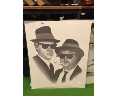 A BLACK AND WHITE SKETCH STYLE PICTURE OF THE BLUES BROTHERS 