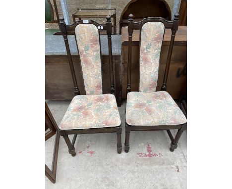 A PAIR OF ERCOL DINING CHAIRS WITH UPHOLSTERED SEATS AND BACKS 