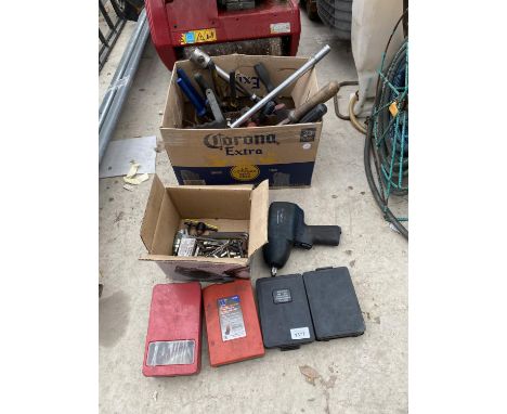 AN ASSORTMENT OF HAND TOOLS TO INCLUDE AN IMPACT WRENCH, PLIERS AND SPANNERS ETC 