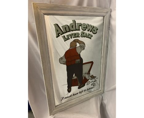 A LARGE VINTAGE ANDREW'S LIVER SALTS MIRROR WITHIN A PAINTED WOODEN FRAME 94CM X 68CM 