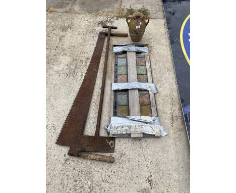 VARIOUS VINTAGE ITEMS - A TWO MAN SAW, STAINED GLASS WINDOW, A JUG ETC 