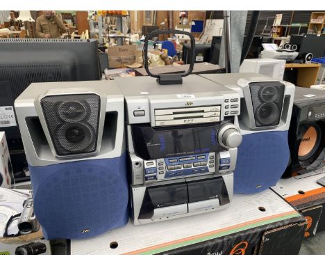 A JVC 3 CD STEREO SYSTEM WITH TWO SPEAKERS 