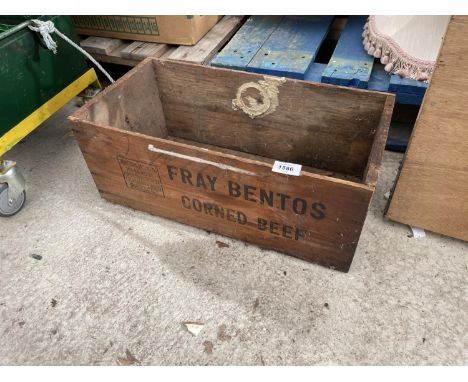 A VINTAGE WOODEN CRATE LABELED 'FRAY BENTOS CORNED BEEF' 