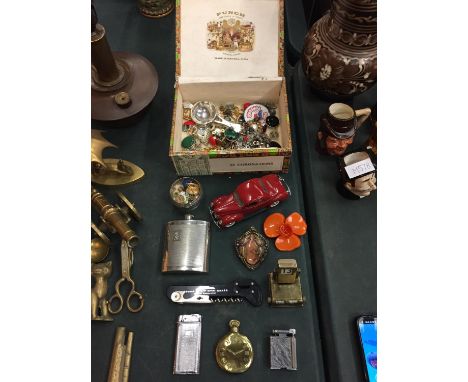 A CIGAR BOX WITH CONTENTS TO INCLUDE LIGHTERS AND A DRINKS FLASK 