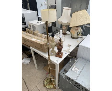 TWO DECORATIVE TABLE LAMPS AND A BRASS AND ONYX STANDARD LAMP 