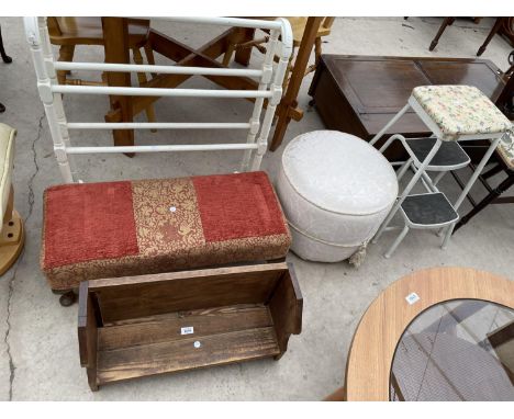 A PAINTED FIVE BAR TOWEL RAIL, STOOL ON CABRIOLE LEGS, BOOK TROUGH, POUFFEE AND A STEP/STOOL 