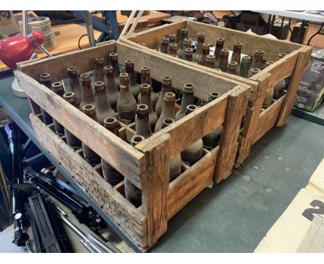 TWO VINTAGE 1950'S  WOODEN BEER ADVERTISING CRATES WITH ORIGINAL BEER BOTTLES 