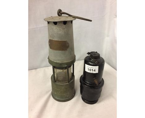 TWO ITEMS TO INCLUDE A MINERS LAMP AND A VINTAGE CANNISTER 