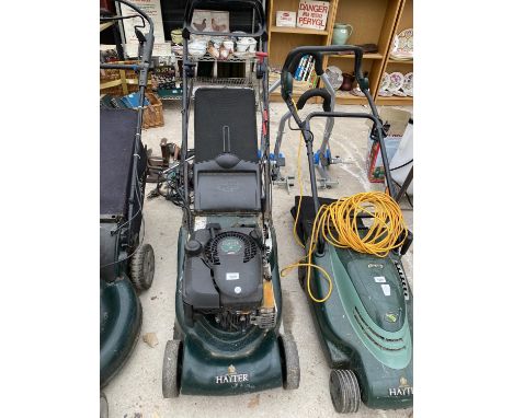 A HAYTER HARRIER 41 PETROL LAWN MOWER WITH REAR ROLLER AND GRASS BOX BELIEVED WORKING ORDER BUT NO WARRANTY 