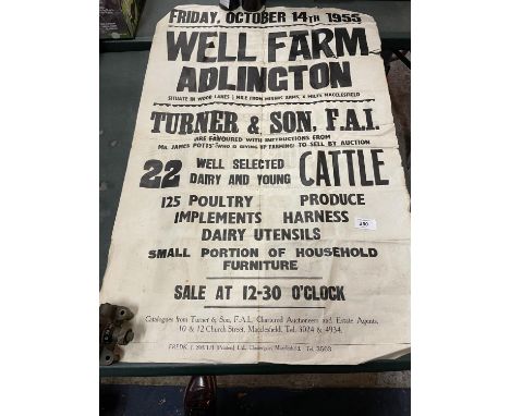 A VINTAGE FARM SALE SIGN 1955 'WELL FARM ADLINGTON' AND PLOT MAP 