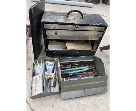 A METAL TOOL CHEST WITH 3 DRAWERS A FURTHER TOOL BOX AND TO INCLUDE TOOLS AND HARDWARE 