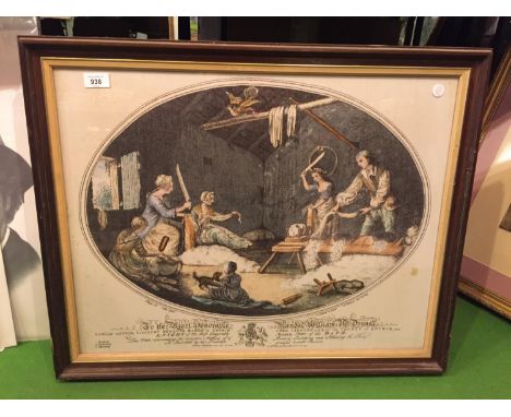 A VINTAGE FRAMED PRINT ON LINEN DEPICTING THE COMMON METHOD OF BEETLING, SCUTCHING AND HACKLING THE FLAX 
