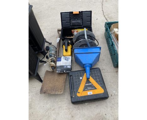 AN ASSORTMENT OF ITEMS TO INCLUDE TOOLS, AN EXTENSION LEAD AND A CASE CROMPRESSOR ETC 