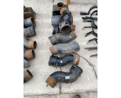A CAST IRON GUTTER HOPPER AND AN ASSORTMENT OF DOWN SPOUT FITTINGS 