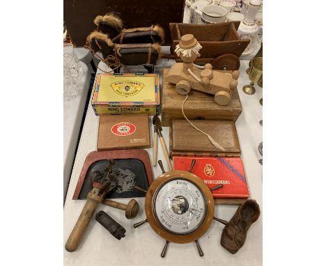 A PAIR OF VINTAGE OAK DECORATIVE HORSES TO INCLUDE A TREEN CART, A VINTAGE CHILDRENS TOY AND SEVERAL CIGAR BOXES 