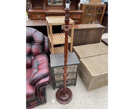 A MODERN FOUR TIER WHATNOT, BASKET WEAVE BATHROOM CHEST AND A STANDARD LAMP 
