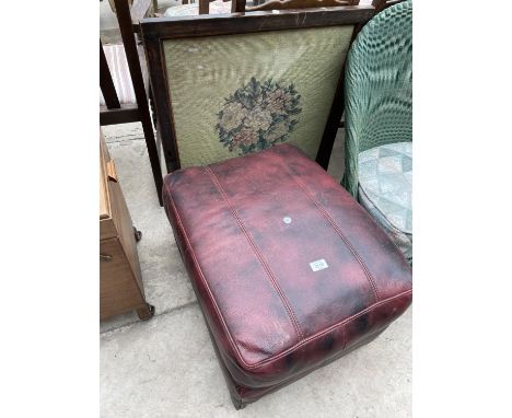 A MODERN OXBLOOD POUFFE AND TAPESTRY FIRE SCREEN 
