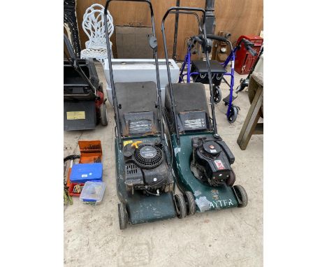 TWO HAYTER HARRIER PETROL LAWN MOWERS BOTH WITH GRASS BOXES AND REAR ROLLER BELIEVED WORKING BUT NO WARRANTY 