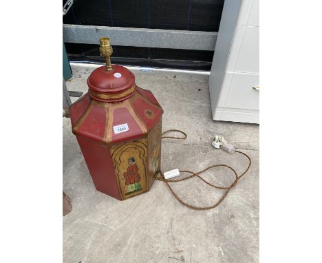 A VINTAGE TIN CONVERTED TO A TABLE LAMP 