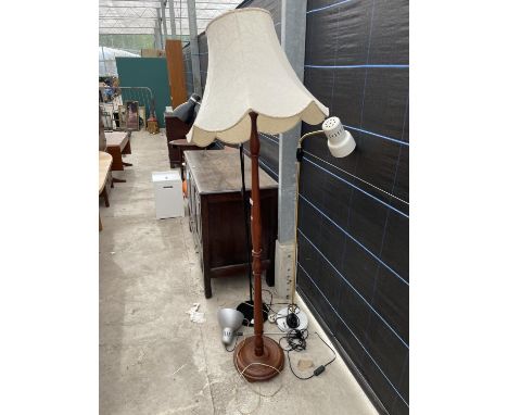 A STANDARD LAMP ON TURNED COLUMN, COMPLETE WITH SHADE AND THREE OTHER LAMPS 