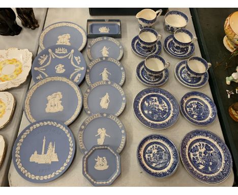 A COLLECTION OF WEDGWOOD JASPERWARE AND A COLLECTION OF BRITISH ANCHOR 'OLD WILLOW' TEA CUPS AND SAUCERS 