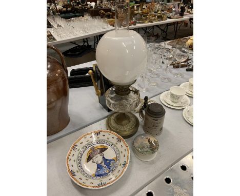 A BRASS AND VINTAGE GLASS ELECTRIC LAMP WITH MILK GLASS SHADE AND GLASS FUNNEL IN THE FORM OF AN OIL LAMP MARKED 'HINKS &amp;