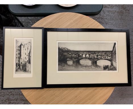 A FRAMED BLACK AND WHITE PRINT OF ADVOCATES CLOSE EDINBURGH PENCIL SIGNED BY RW STEWART AND A FURTHER BLACK AND WHITE OF A BR