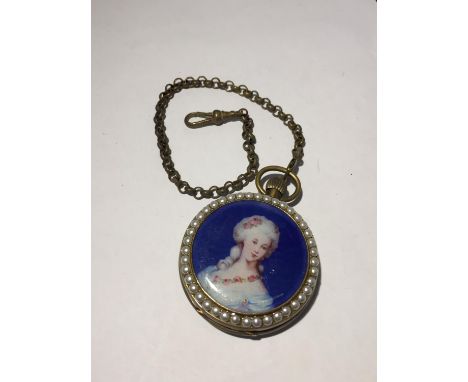 A POCKET WATCH WITH ENAMEL AND PEARL DOUBLE SIDED CASE 