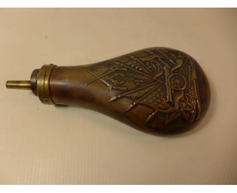 A COPPER AND BRASS POWDER FLASK 