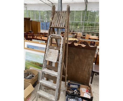 A VINTAGE 6 RUNG WOODEN STEP LADDER AND A 3 RUNG ALLUMINIUM STEP LADDER 