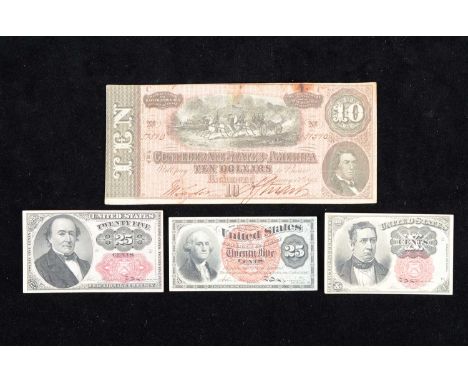 A collection of four 19th Century United States banknotes, including a 1963 25 Cents note, in good condition, some minor roun