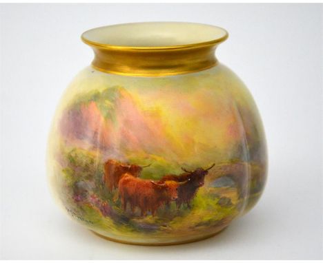 A Royal Worcester vase by Harry Stinton, depicting Highland cattle, shape number H158. Date code 1929. Height 8cm.