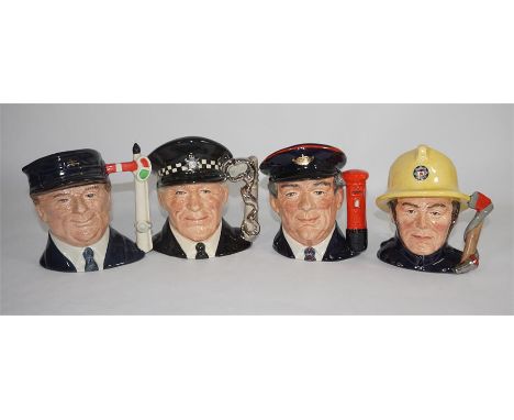 A set of four Royal Doulton small character jugs, 'Journey through Britain,' comprising Fireman, Postman, Policeman and Engin