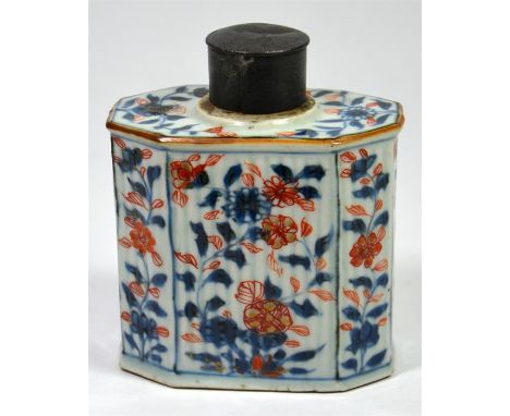 A Chinese Imari pattern tea caddy with metal lid,with floral decoration, Kangxi period 1661 to 1722. Height 11.5cm.