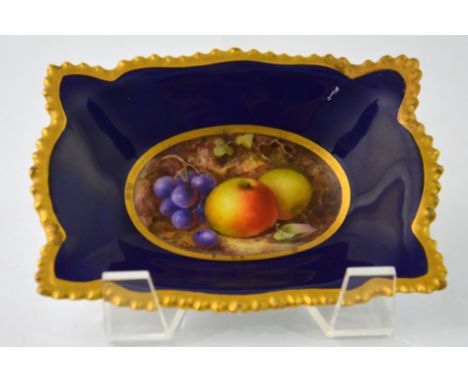 A Royal Worcester pin tray, with a fruit decoration, signed R. Sebright and date code for 1913. Length 13cm.