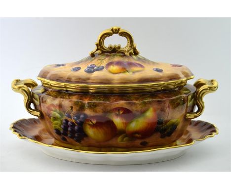 A Royal Worcester tureen, cover and stand painted with a still life of fruit, signed J. Smith. Printed marks. Height 22cm.
