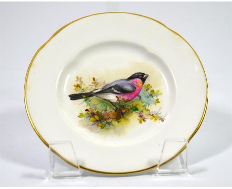 A Royal Worcester plate with Bullfinch design, possibly by William Powell. Printed marks and date code for 1908. Diameter 13c